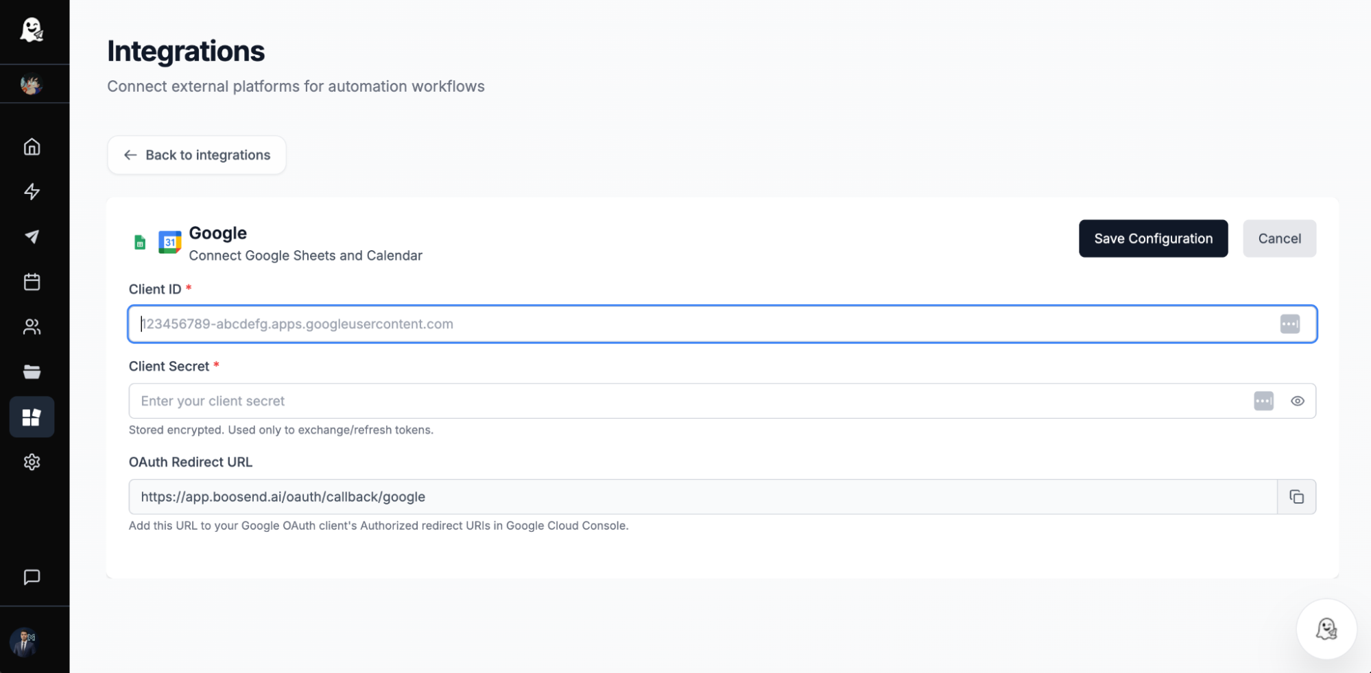 Enter credentials in BooSend