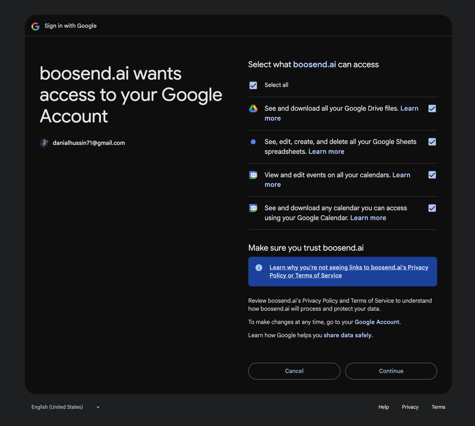 Google permissions screen